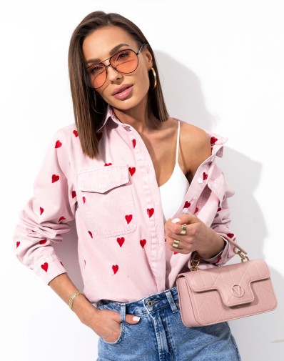 Bawełniana Koszula Love z Motywem Wyszytych Serc Różowa MF3039
