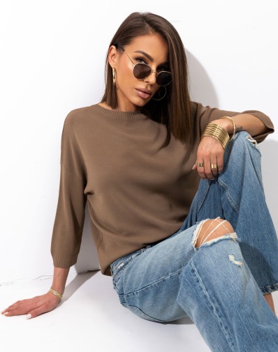 Klasyczny Sweter Maglie Ciemny Beż 25063-06