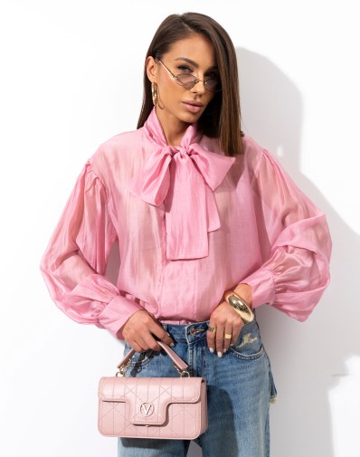 Koszula z Wiązaniem Pod Szyją Pudrowy Róż 93152