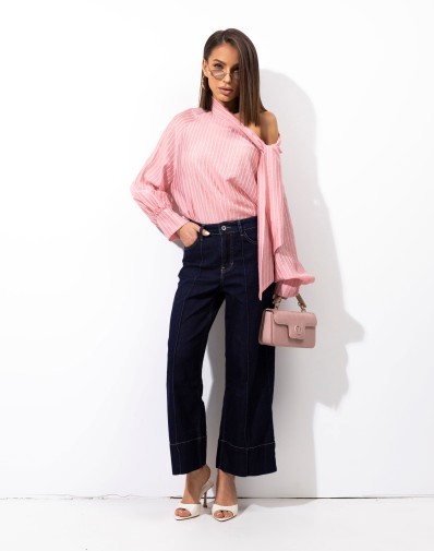 Koszula w Paski z Szarfą Wiązaną na Bok Pudrowy Róż 93093