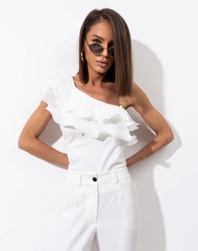 Biała Bluzka z Falbanką i Ozdobnym Ramiączkiem Śmietankowa 3362