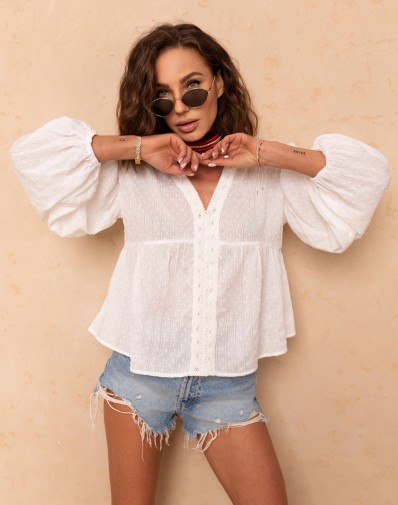 Koszula w Serek Boho z Bufiastymi Rękawami Śmietankowa