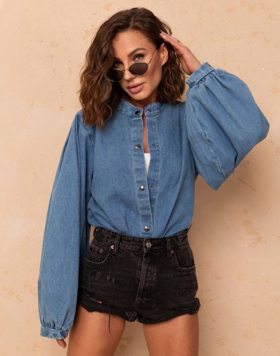 Koszula Bawełniana Jeans z Bufiastymi Rękawami 80850