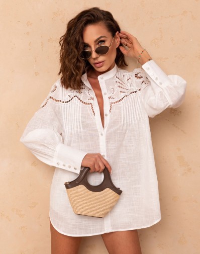 Bawełniana Koszula z Haftami na Dekolcie Śmietankowa 3755