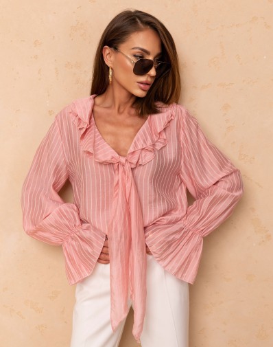 Koszula Rosa z Falbanką Wiązana Rózowa W Paski 93091