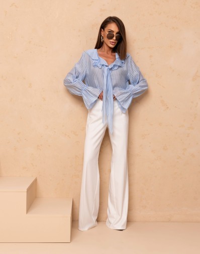 Koszula Rosa z Falbanką Wiązana Błękitna W Paski 93091