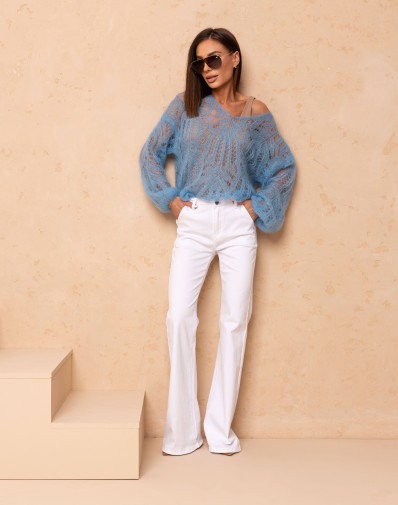 Sweter Kid Moher Ażurowy w Serek Pudrowy Niebieski 021