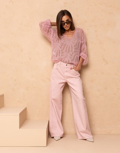 Sweter Kid Moher Ażurowy w Serek Pudrowy Róż 021