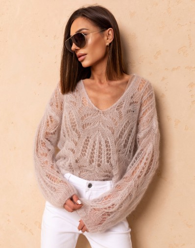 Sweter Kid Moher Ażurowy w Serek Beż 021