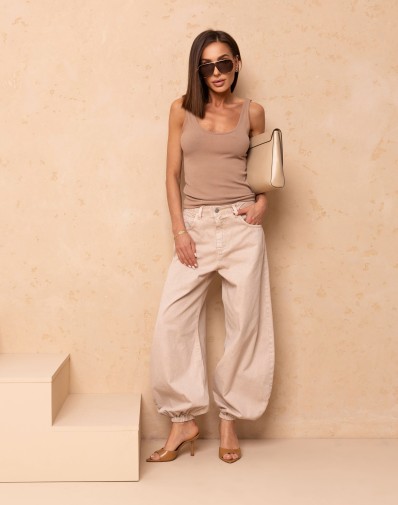 Jeansowe Spodnie z Zakładkami Alladyn Beżowe