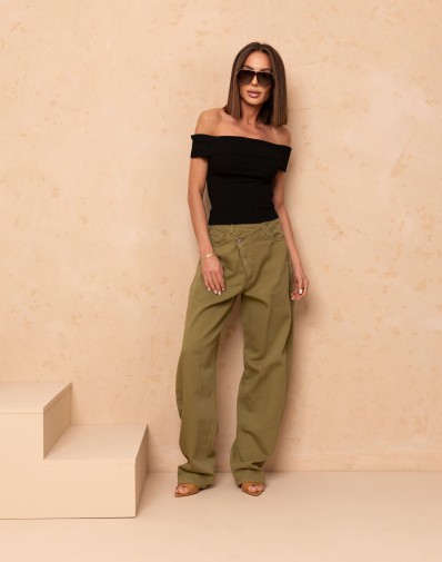 Spodnie z Prostą Nogawką Zapinane na Ukos Oliwkowe 5413VER