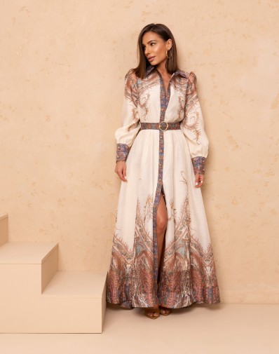 Sukienka Maxi Wzorzysta Ecru z Paskiem 18435