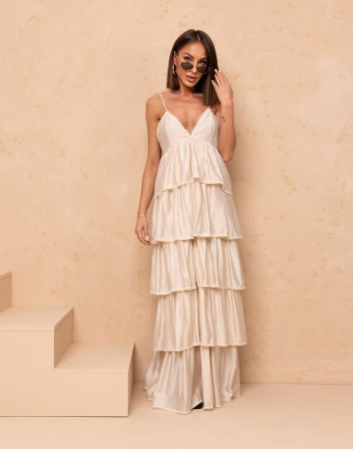 Sukienka Maxi z Falbanami na Ramiączka Ecru QDD618