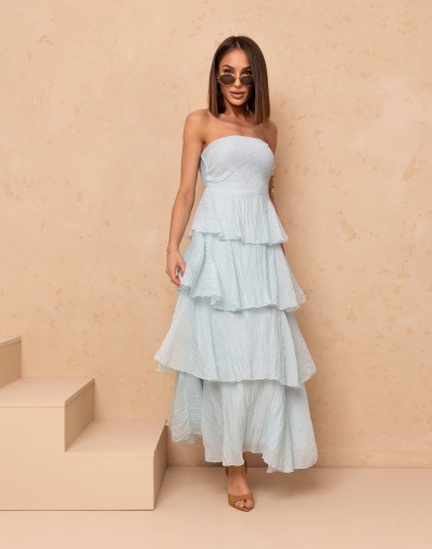 Sukienka Maxi z Falbanami Odkryte Ramiona Błękit QDJM0807