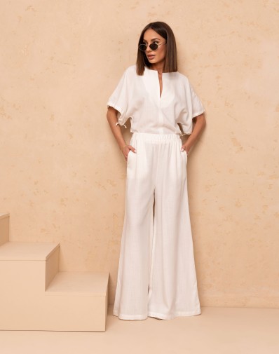 Komplet Falon z Szerokimi Spodniami Śmietankowy B728B