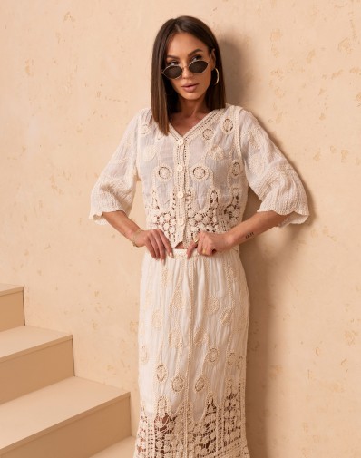 Komplet Ażurowy Boho z Koronkowym Wykończeniem Beż JM620