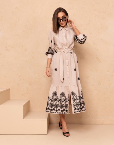 Sukienka z Ozdobnym Haftowaniem Beżowa QD5868