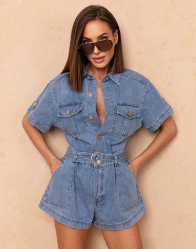 Jeansowy Kombinezon Krótki ze Złotymi Guzikami Z2590