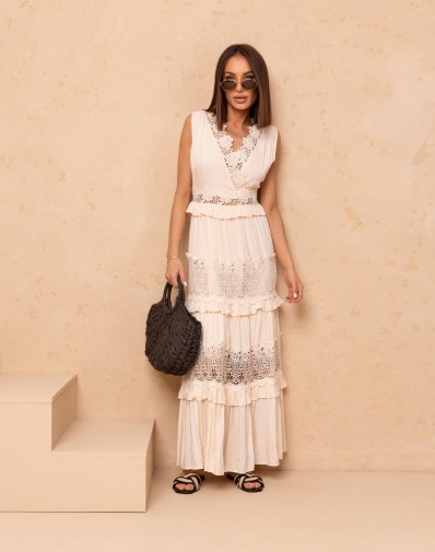 Sukienka Boho Maxi Ecru z Koronką i Falbanami 536