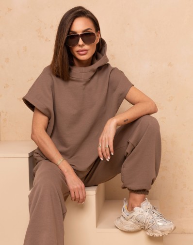 Kamizelka Damska Z Kapturem Ciemny Beż OVERSIZE