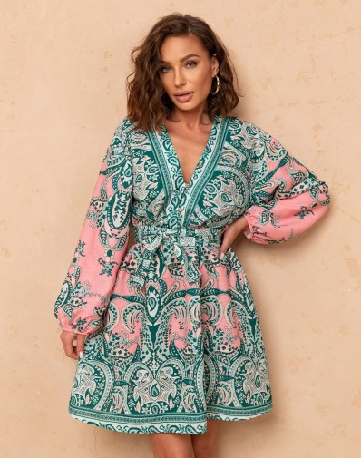 Sukienka Mini Kolorowa Wiązana 6838