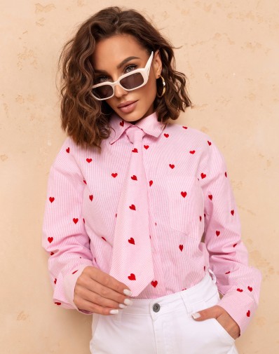 Koszula w Paski z Krawatem Z Motywem Serduszek Różowa 2520