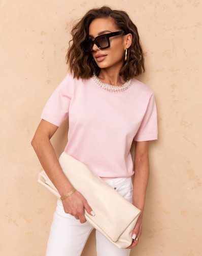 Swterek Różowy z Dekoltem w Cyrkonie 5181