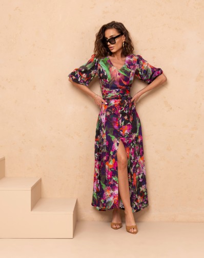 Sukienka Kwiatowa Anika z Rozcięciem Fiolet