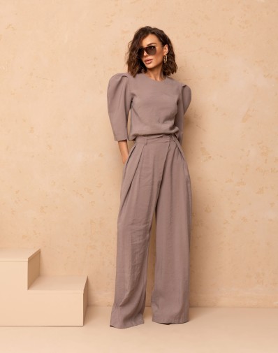 Wiskozowe Spodnie Vivian Ciemny Beż z zapięciem na Ukos