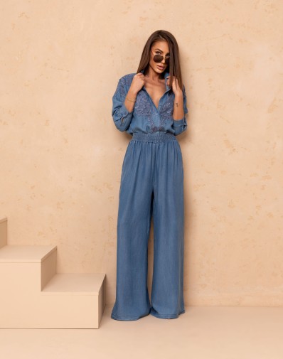 Komplet Jasmine Zwiewny Jeans z Haftowanymi Kwiatami 10259